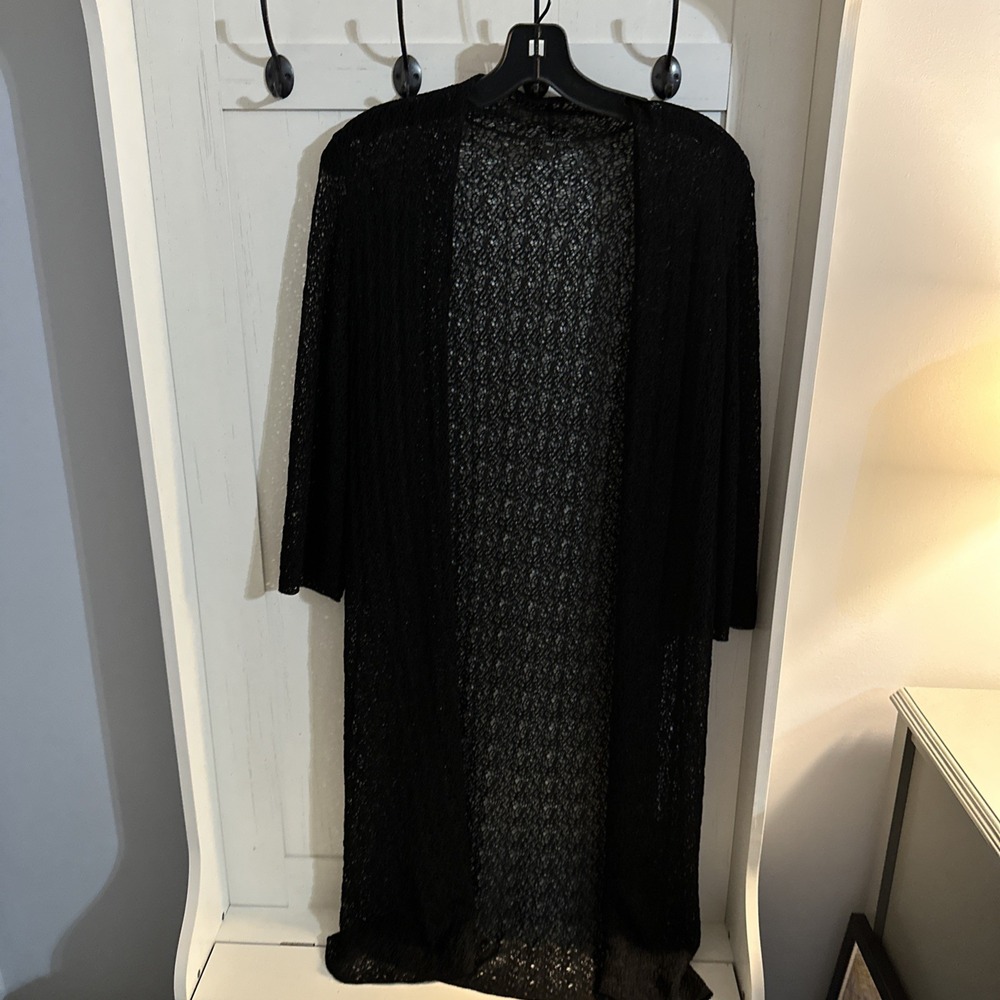 EILEEN FISHER Black Long Lace Open Front Duster Cardigan Size S Womens